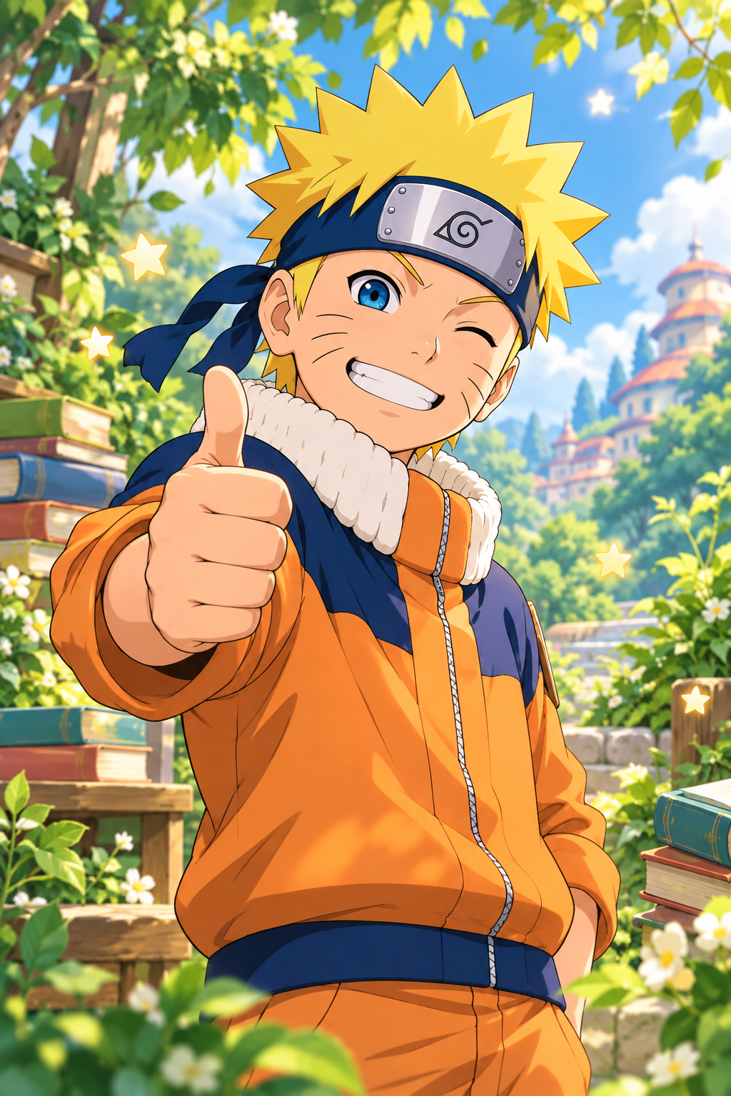 Naruto smiling in a leafy garden